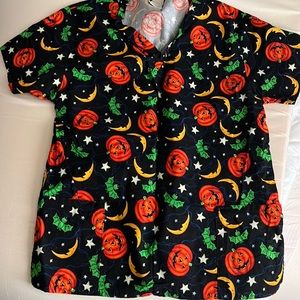 Halloween Pumpkin Print Short Sleeve Top - Black/Orange